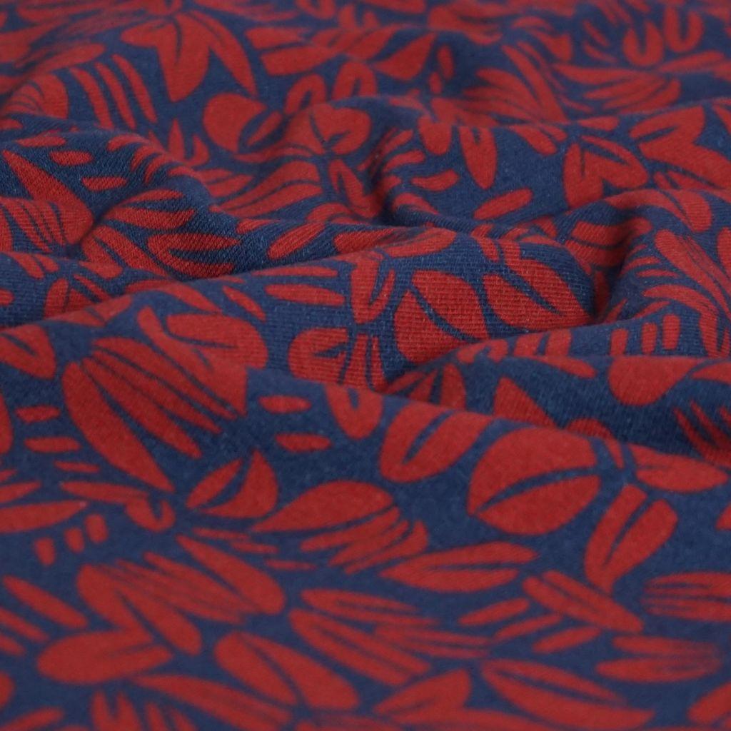 French Terry abstrakte Blätter dunkelrot auf dunkelblau